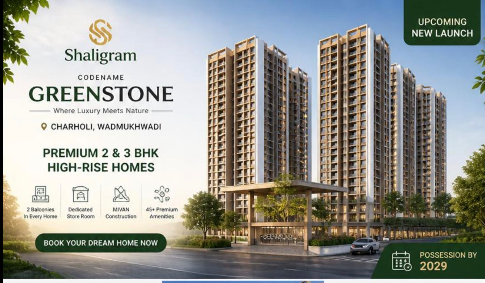 premium 2 & 3 BHK flats at Shaligram Codename Green Stone, Charholi. High-rise towers, 45+ amenities, MIVAN construction. Starting ₹76 Lakhs. Call Now!