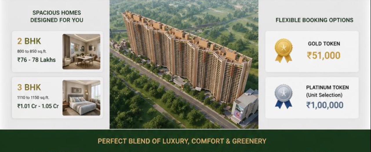 premium 2 & 3 BHK flats at Shaligram Codename Green Stone, Charholi. High-rise towers, 45+ amenities, MIVAN construction. Starting ₹76 Lakhs. Call Now!